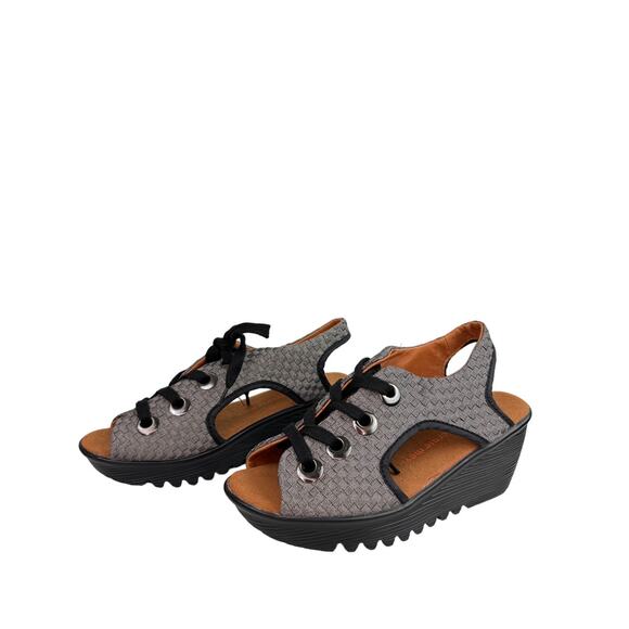 BERNIE MEV Pewter Gray Marcelo Lace Up Open Toe Heel Sandal Wedges 38 NEW - Picture 1 of 6